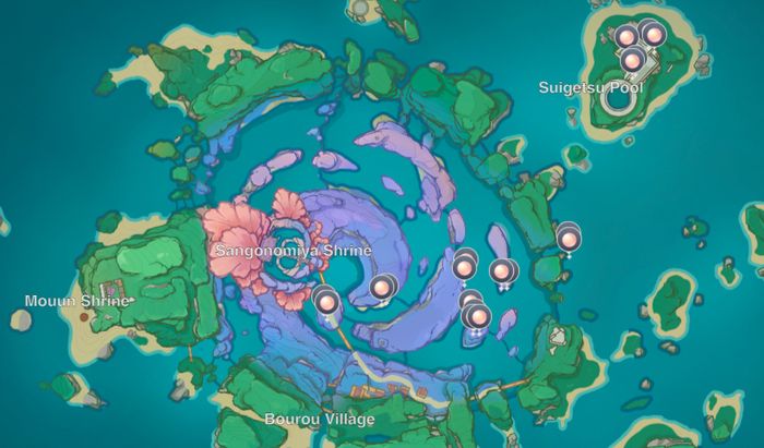 A map of Watatsumi Island, a new location in Inazuma from Genshin Impact