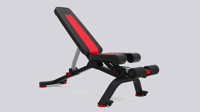 Best weight bench Bowflex product image of a black and red bench.