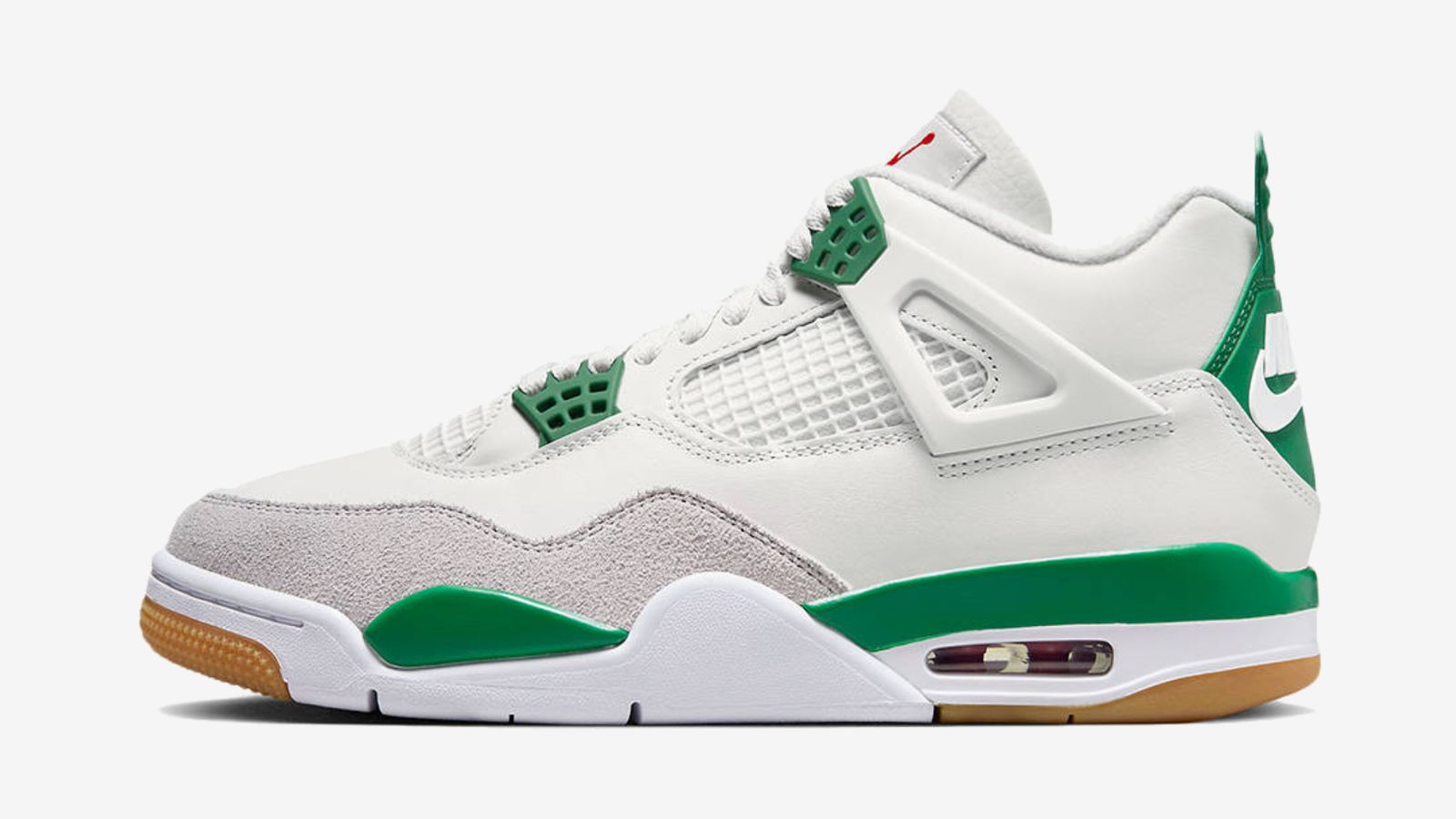 Nike SB x Air Jordan 4 "Pine Green" product image of a white and grey suede sneaker with Pine Green accents.