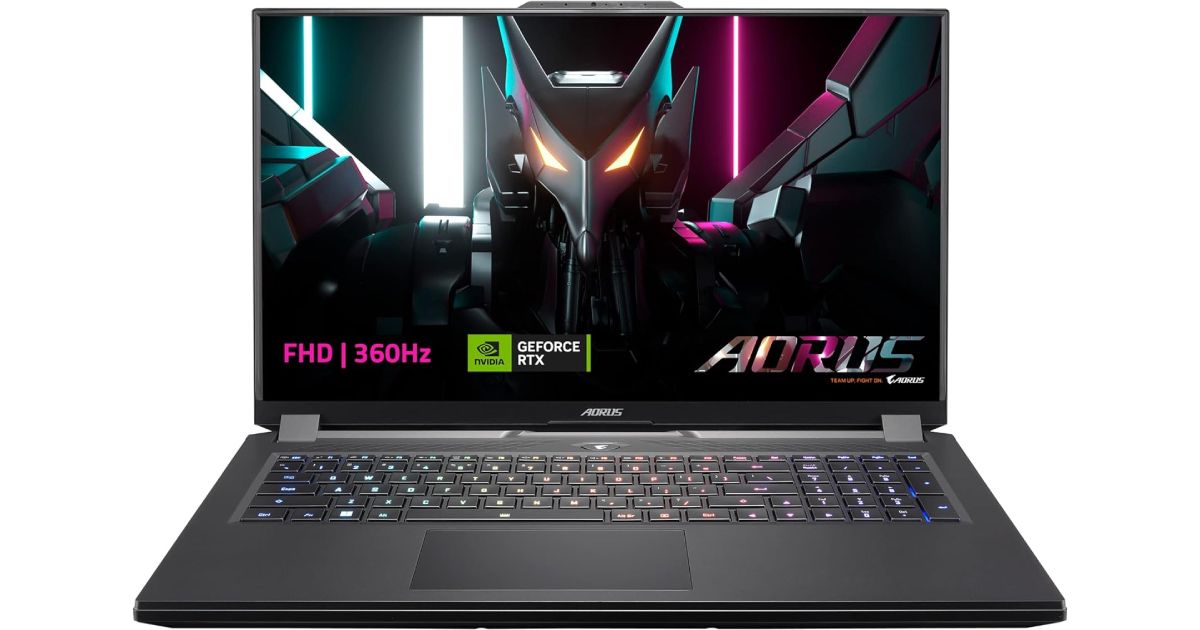 Gigabyte AORUS 17H product image of a black laptop with multicolored backlit keys.