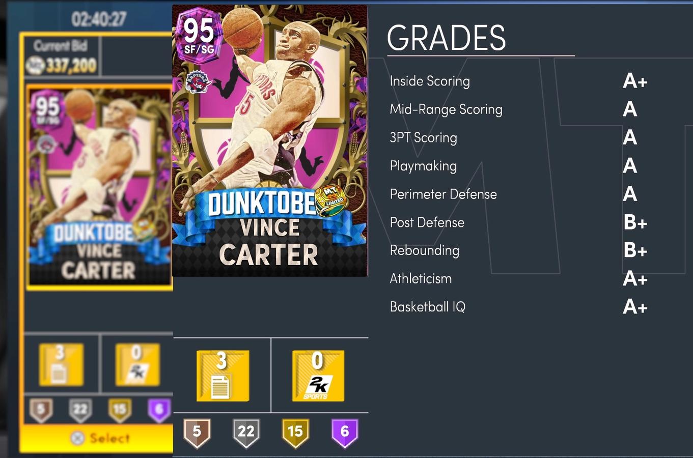 Vince Carters card in NBA 2K22