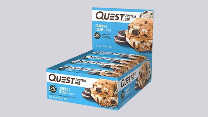 Best protein bars Quest product image of a blue box of cookies and cream flavoured bars.