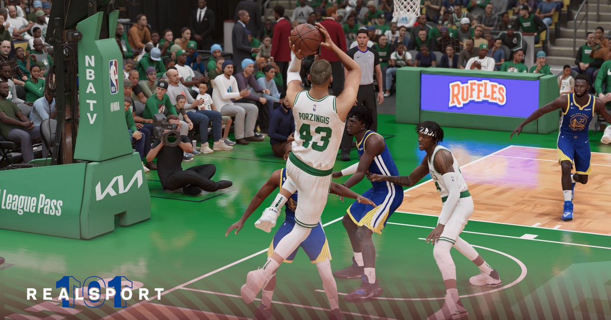 Kristaps Porzingis of the Boston Celtics in NBA 2K23, in the colours of his new team for the upcoming season