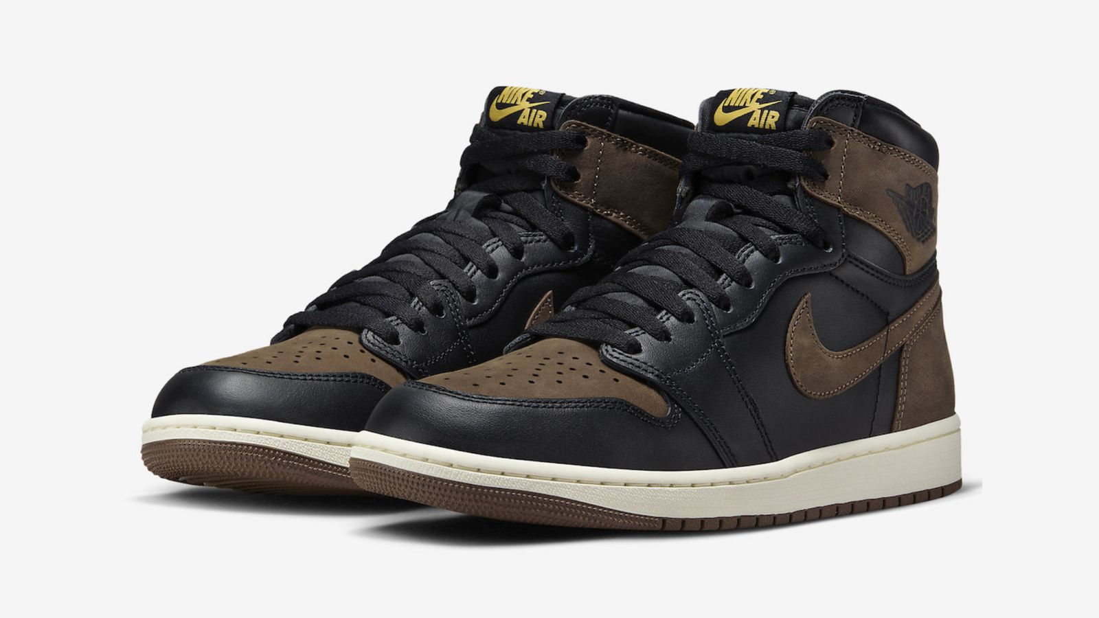 Air Jordan 1 High "Palomino" product image of a pair of black leather and brown nubuck high-tops with off-white midsoles.