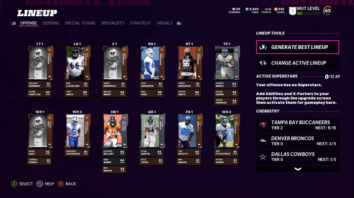 The adjust lineup screen in the Madden Ultimate Team game mode of Madden 22