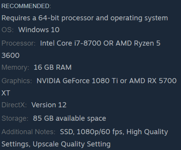 The recommended system requirements for Hogwarts Legacy