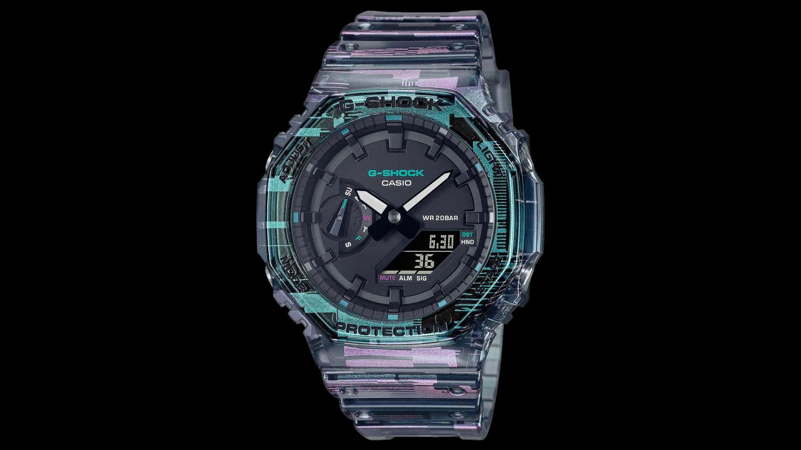 G-SHOCK Naughty Noise Series GA-2100NN-1AER product image of a digital glitch-style resin watch.