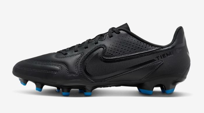 Best football boots Nike Tiempo product image of an all-black boot with blue tips to the conical studs.