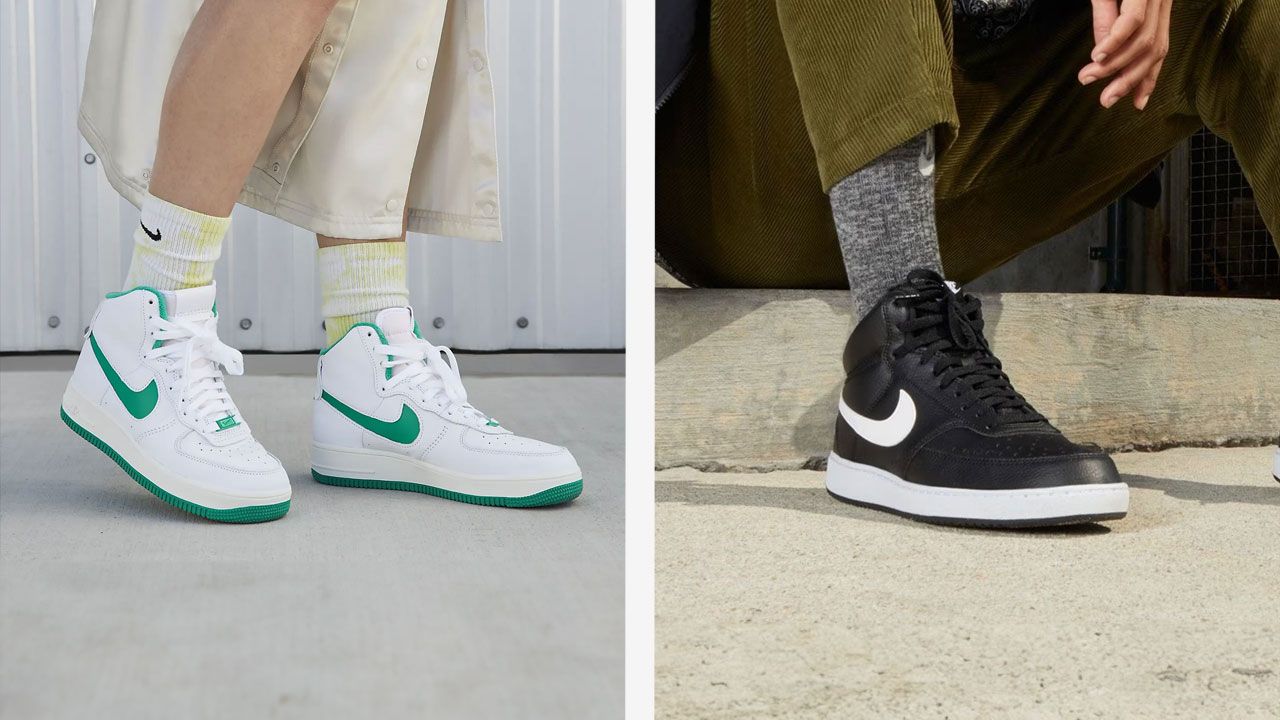 Someone in yellow tie-dye socks wearing a pair of white and green Air Force 1 Mids on the left. On the right, someone wearing a black and white Nike Court Vision.