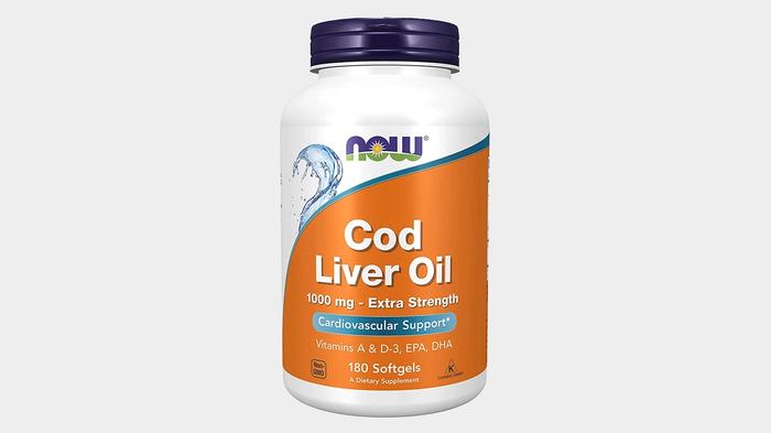 Best cod liver oil capsules NOW product image of a white container with a navy lid and orange branding.