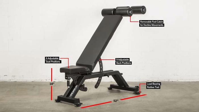 Best weight bench Rogue Fitness product image of a black bench with multiple attachments.
