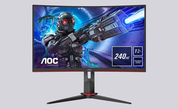 Best gaming monitor for sports games AOC Gaming product image of a monitor with an armoured video game character wielding a weapon on its display