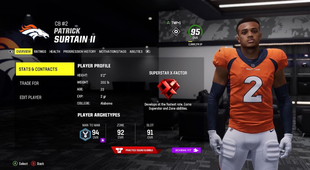 Patrick Surtain's player card in Madden 24