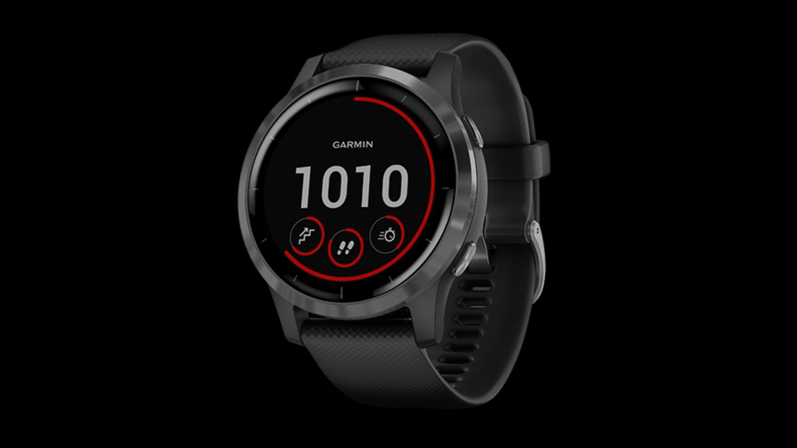 Garmin vívoactive 4 product image of stainless steel watch featuring a black band and red details on the display.