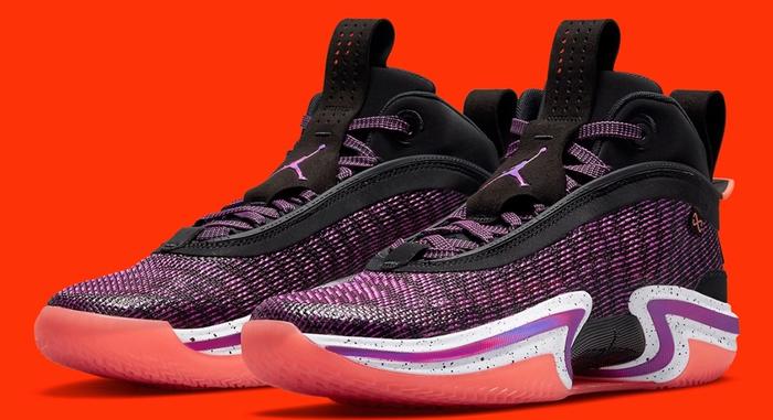Air Jordan 36 "First Light" product image of a black sneaker with purple and salmon pink details.