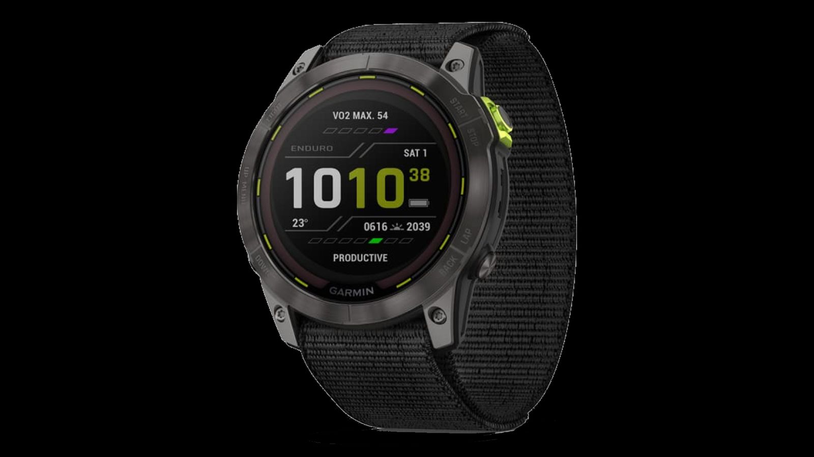Garmin Enduro 2 product image black smartwatch feature a black fabric band.