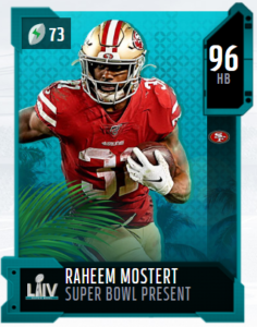 Raheem Mostert's 96 OVR Super Bowl Present card in MUT