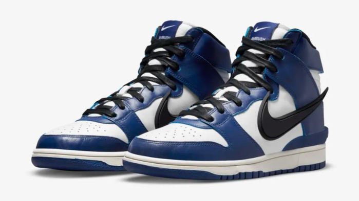 Jordan 1 vs Nike Dunk "Deep Royal" product image of a white and blue sneaker.