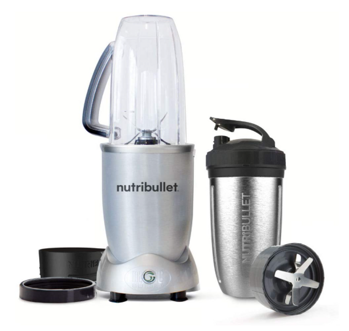 Best Blender NUTRiBULLET product image of a silver, stainless steel machine with an accompanying cup.