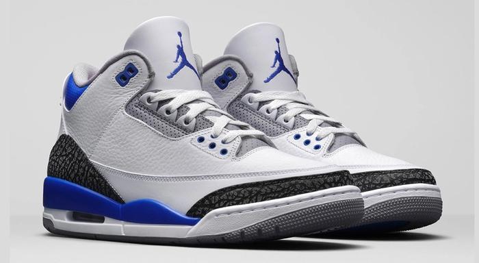 Best Air Jordan 3 colorways "Racer Blue" product image of a pair of white sneakers with blue and black details.