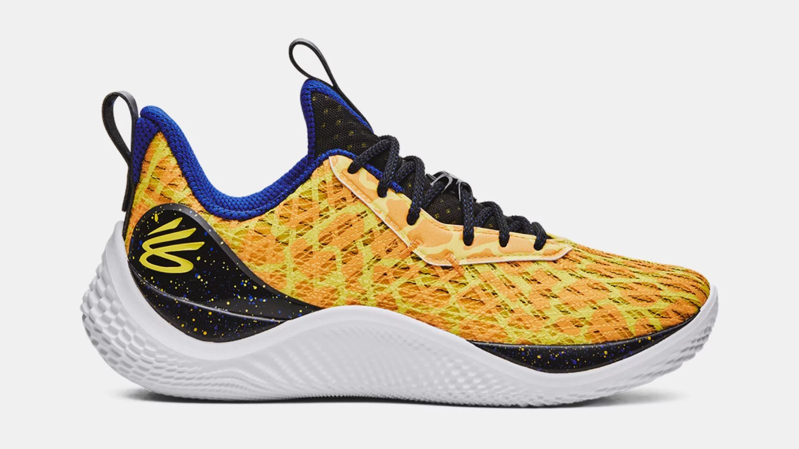 Under Armour Curry Flow 10 product image of a yellow and black sneaker featuring a blue inner lining and white sole.