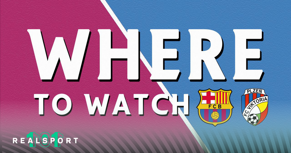 Barcelona and Viktoria Plzen badges with where to watch text