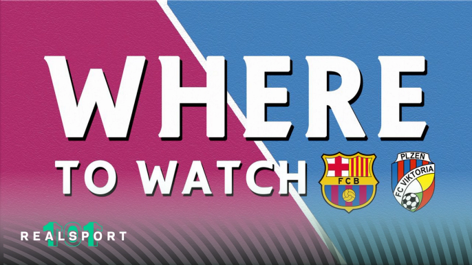 Barcelona and Viktoria Plzen badges with where to watch text
