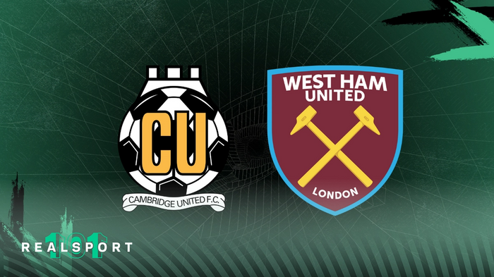 Cambridge United and West Ham badges with green background