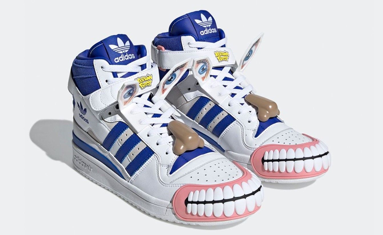 Kerwin Frost x adidas Forum High Humanarchives product image of a pair of white and blue sneakers with a cartoon face across the front.