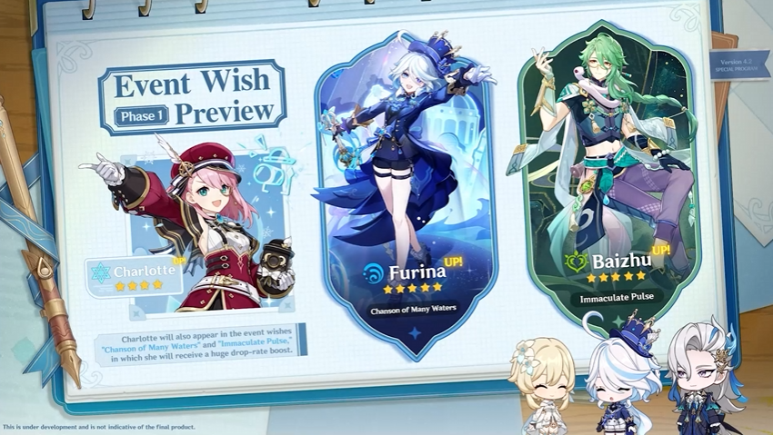 A screenshot of Version 4.2 Phase 1 banners, Furina and Baizhu, from the Genshin Impact 4.2 Livestream.