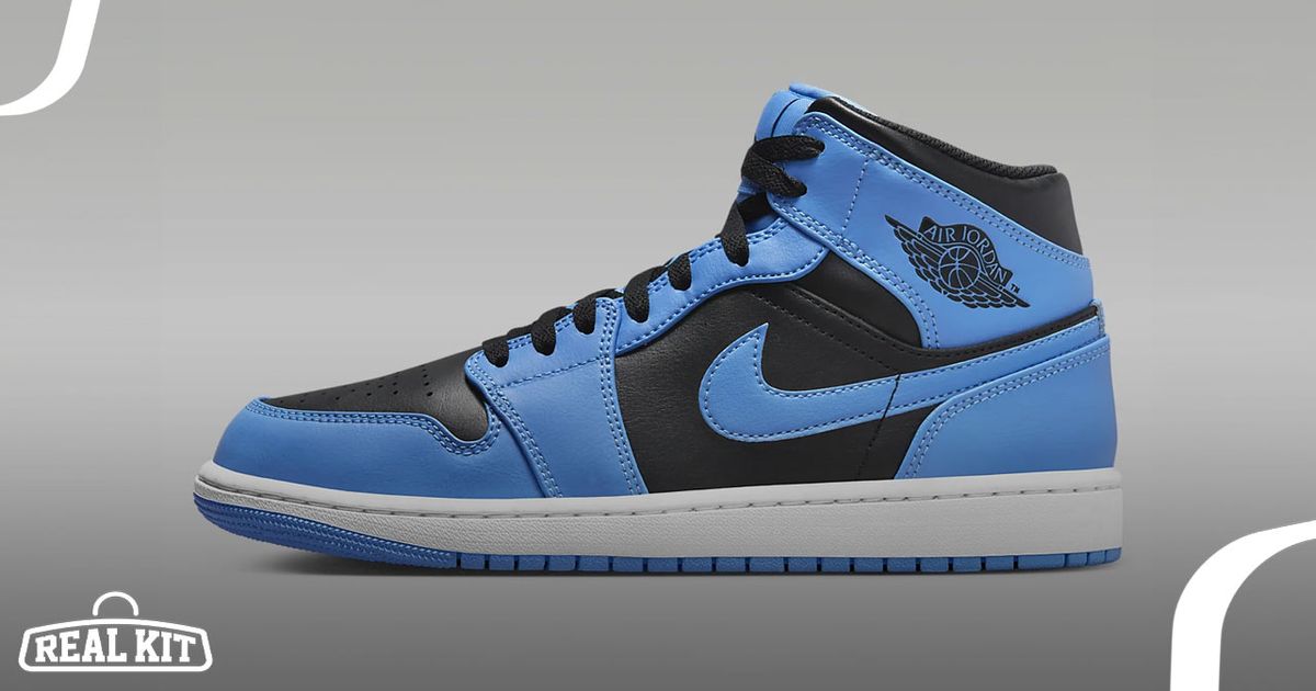 A blue and black Air Jordan 1 with a white midsole in front of a grey backdrop.