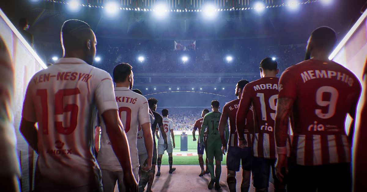 Two teams walking out a tunnel into a stadium in EA FC 24. One team's in white, the other in red and white stripes.