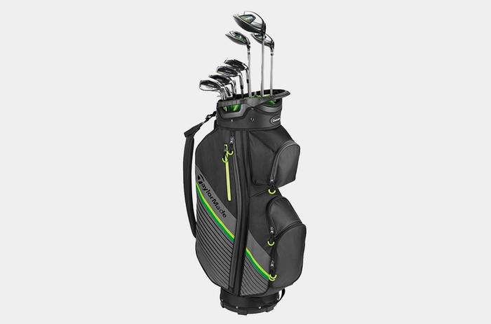 Best golf clubs TaylorMade product image of a complete set of clubs in a black bag with green and yellow details.
