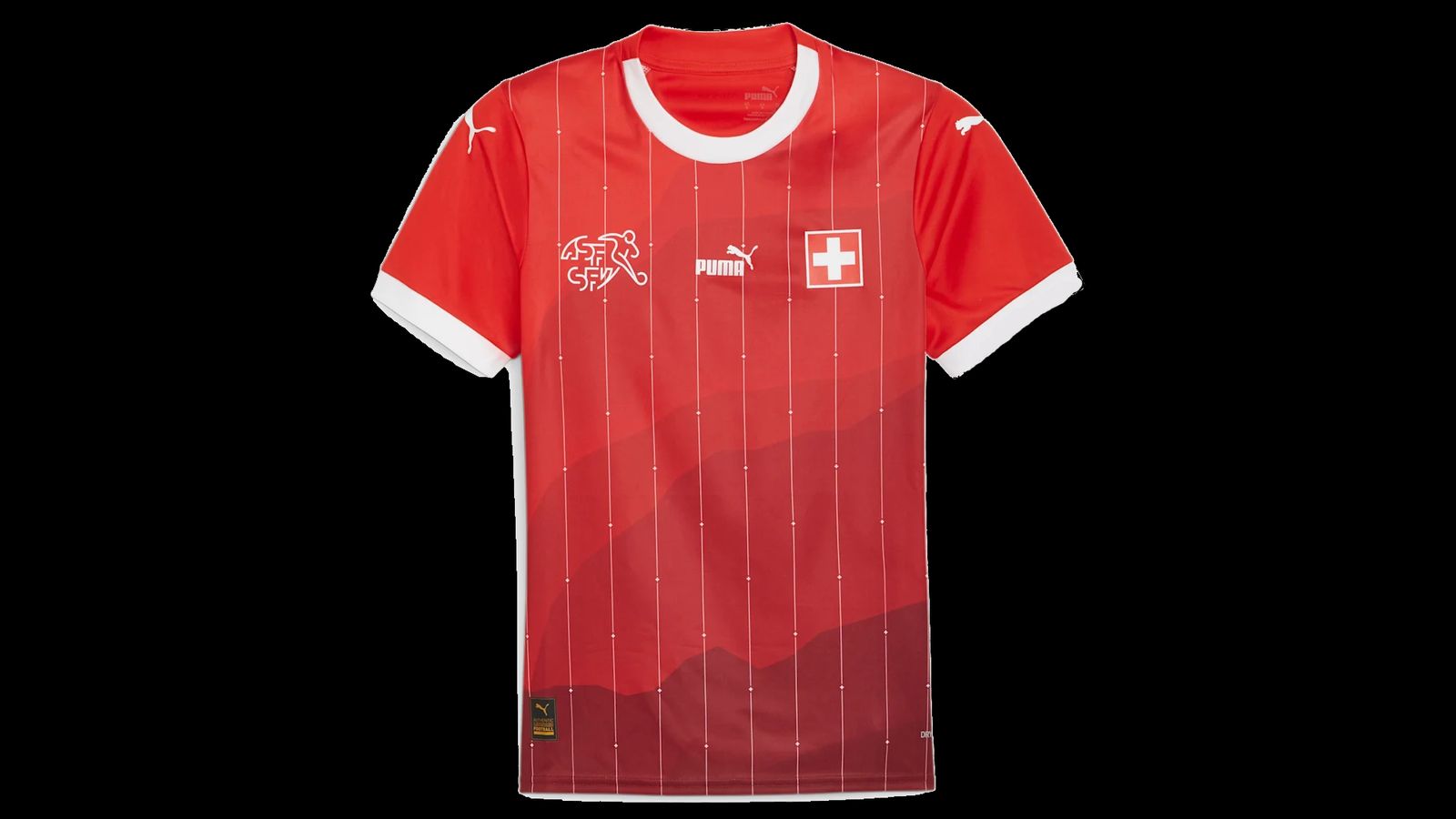 Switzerland PUMA Women's Home kit product image of a red jersey featuring white pin stripes and branding along with darker mountain-like graphics in the background.