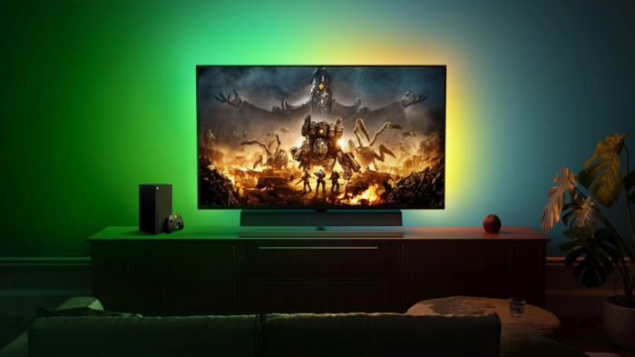 Xbox Series X on a TV via cloud streaming.