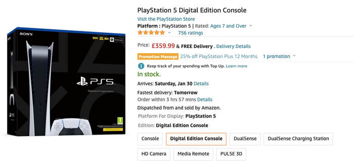 PS5 Digital Edition confirmed in Stock on Amazon UK
