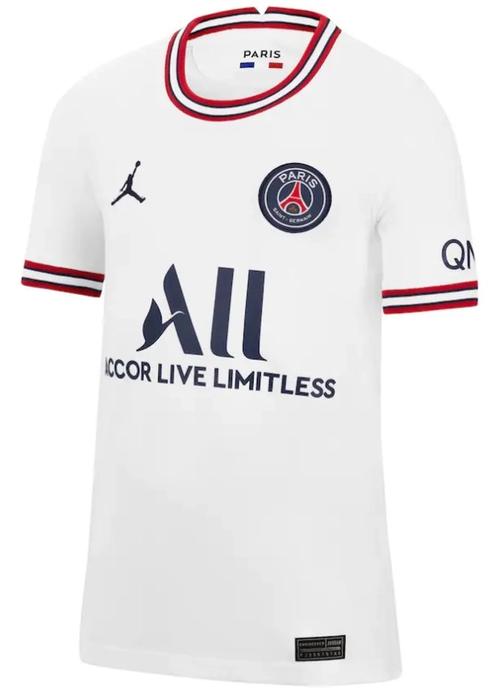 PSG fourth kit 2021/22 product image of a white Jordan-made shirt with blue and red details.