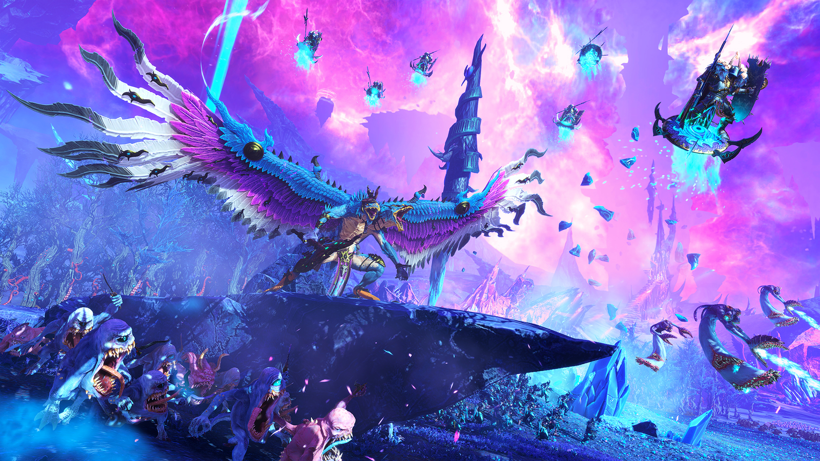 A battlefield featuring various Chaos Daemons from the prince Tzeentch.