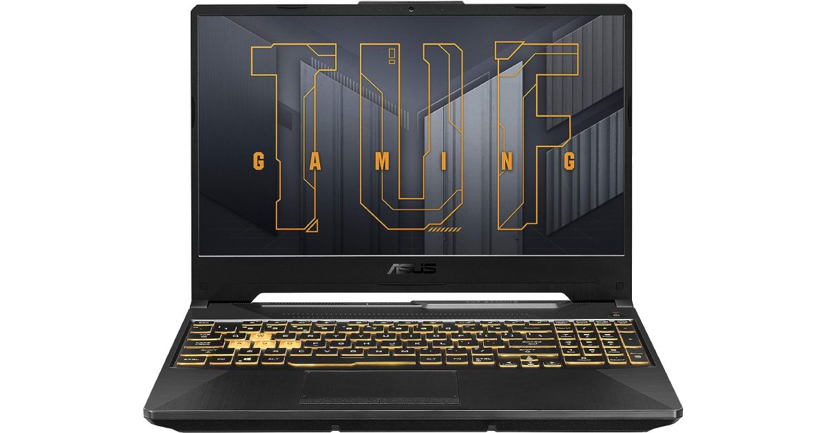 ASUS TUF Gaming F15 product image of a black laptop with yellow backlit keys and yellow branding on the display.