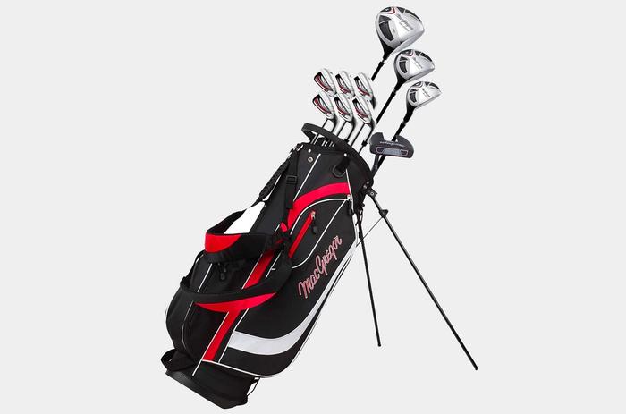 Best golf clubs MacGregor product image of a complete set of clubs in a black bag with red details and a stand.