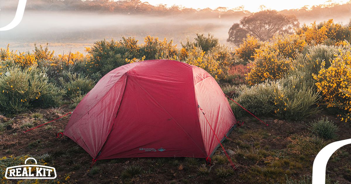 A red tent in Barrington Tops National Park surrounded by yellow flowered plants and fog.