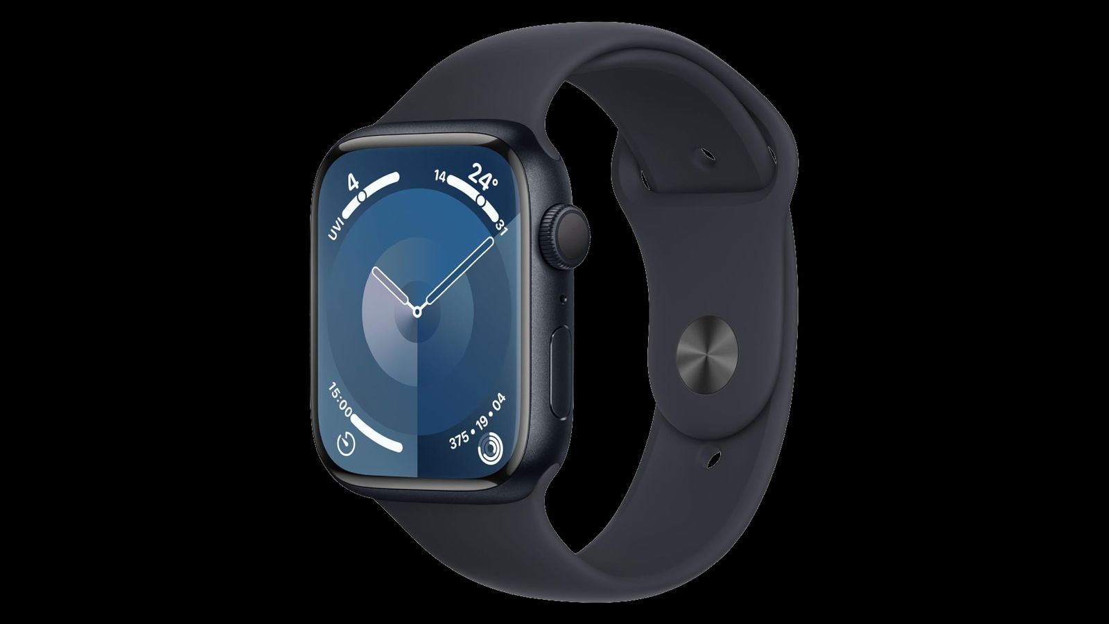 Apple Watch Series 9 product image of a black-strapped smartwatch with an analogue time in blue and white on the display.