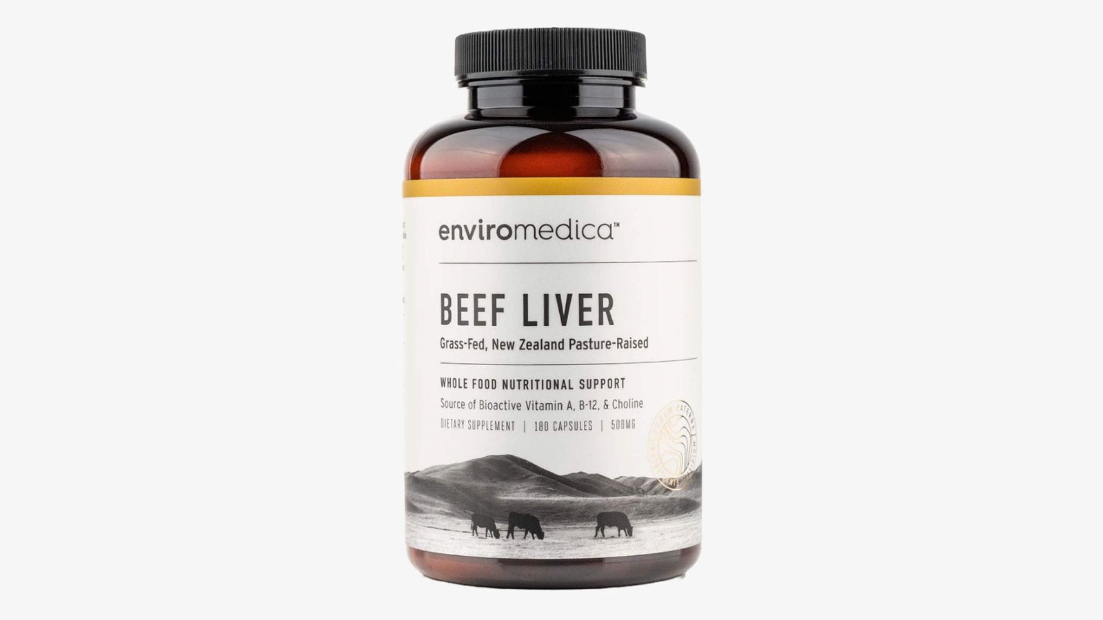 Enviromedica Freeze Dried Beef Liver Supplement Capsules product image of a brown container with a black lid and light brown and orange branding.