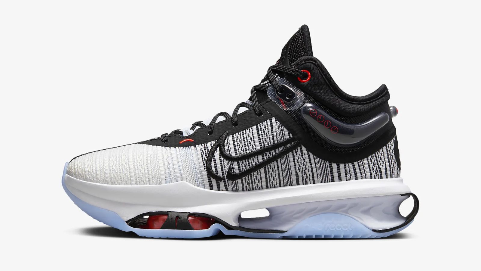 Nike G.T. Jump 2 product image of a black and white sneaker featuring red trim and an icy blue outsole.