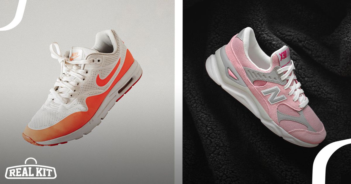 On the left, an off-white and orange Nike Air Max sneaker. On the right, a pin, grey, and white New Balance shoe on a black blanket.
