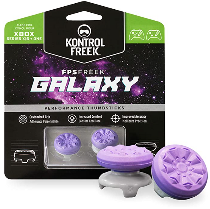Everything you need for NBA 2K22 KontrolFreek product image the packaging to purple joystick extension attachments.