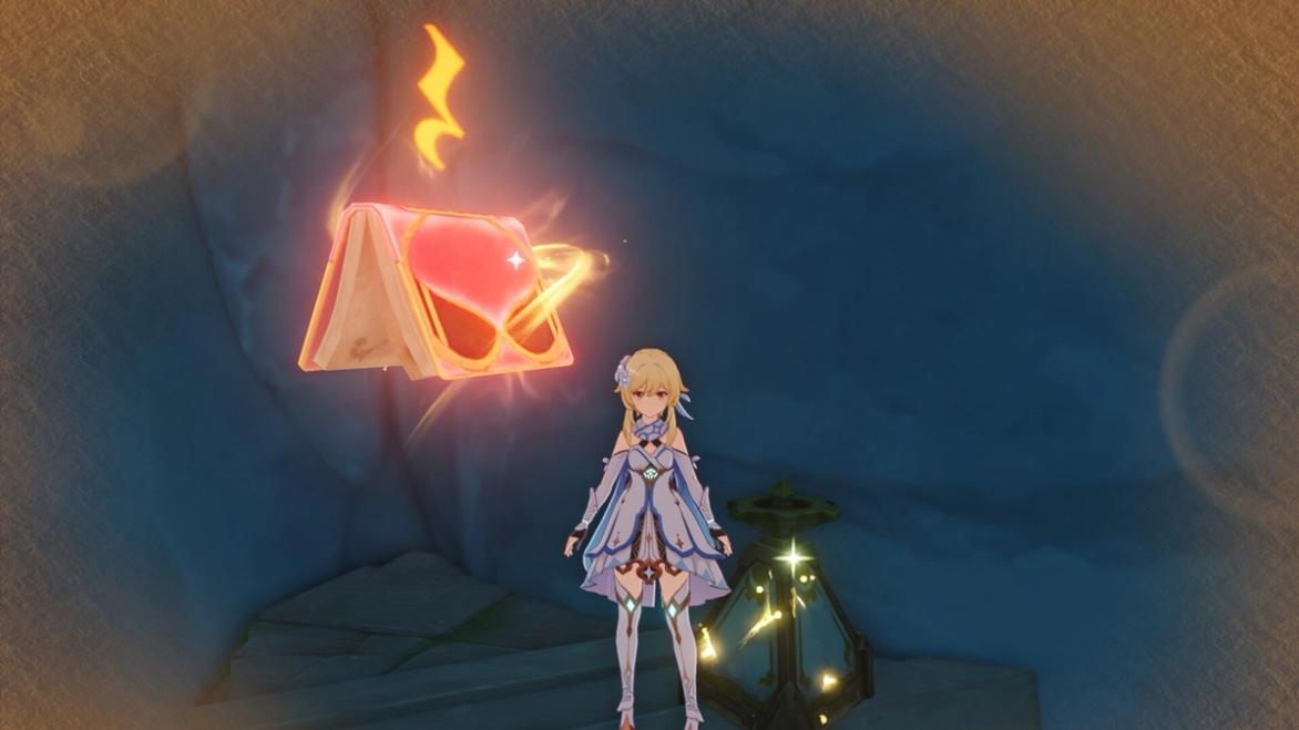 An in-game screenshot of the player standing next to a Lost Grimoire.