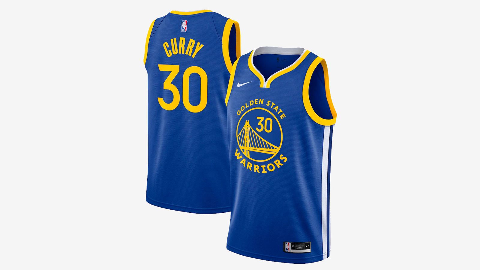 Stephen Curry Golden State Warriors 2020/21 Swingman Jersey product image of a blue and golden yellow sleeveless uniform with white details.