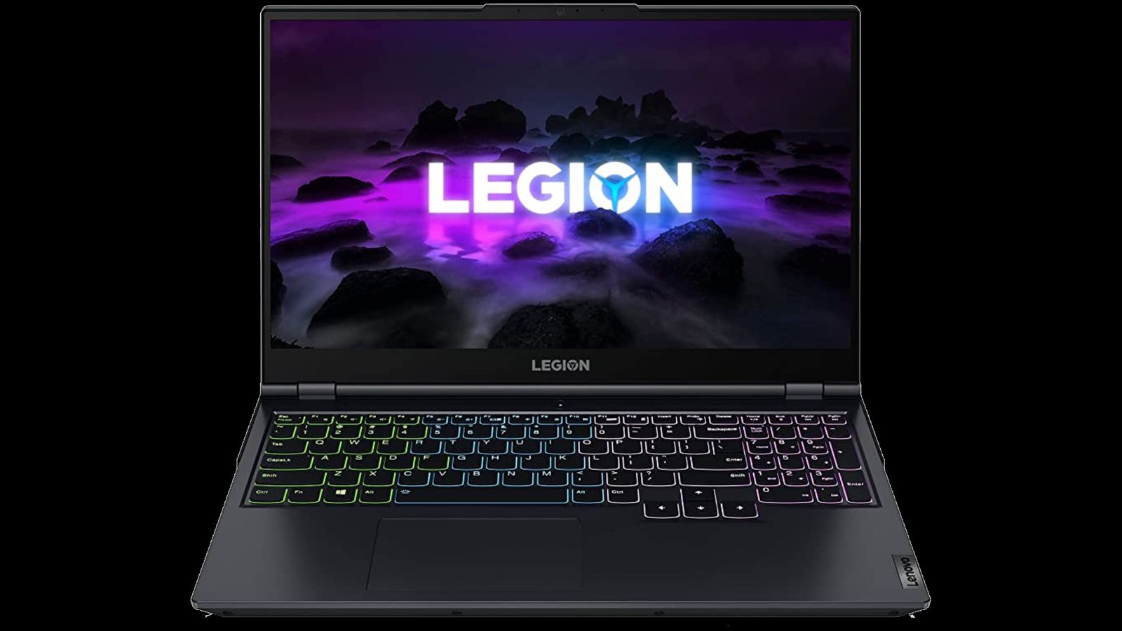 Lenovo Legion 5 product image of a black laptop with Legion branding on a purple and black background on the display.