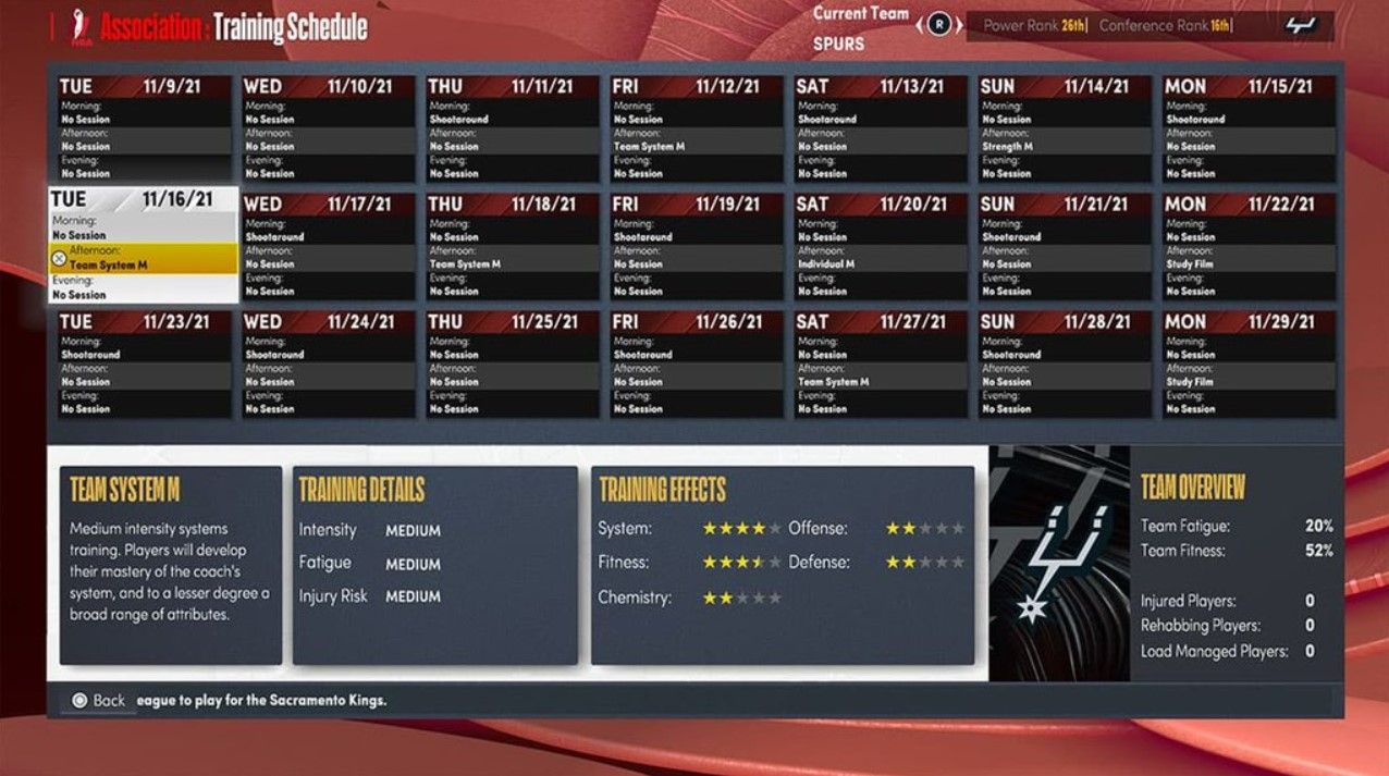 The Training schedule on MyTEAM in NBA 2K22